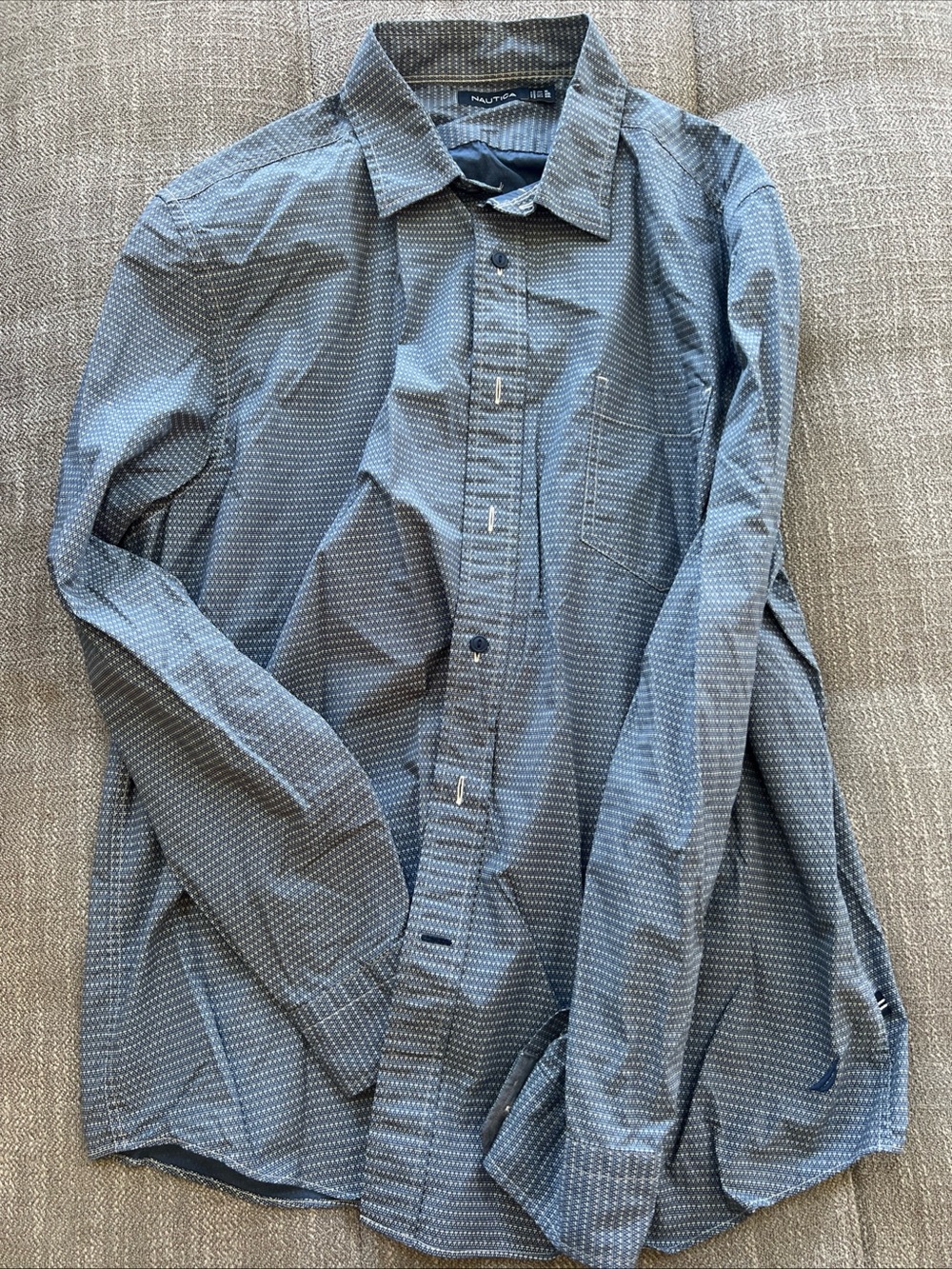 Nautica Men's XL Shirt Short Sleeve Blue White Patterned Button Down 100% Cotton